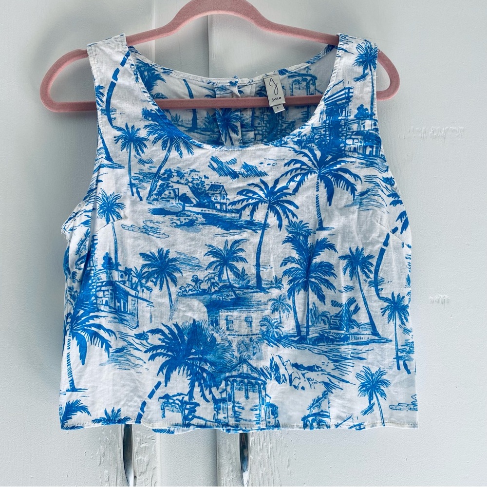 Blue Palm Print Crop Tank Top Joie Linen Rayon lightweight Button Up Back Beach